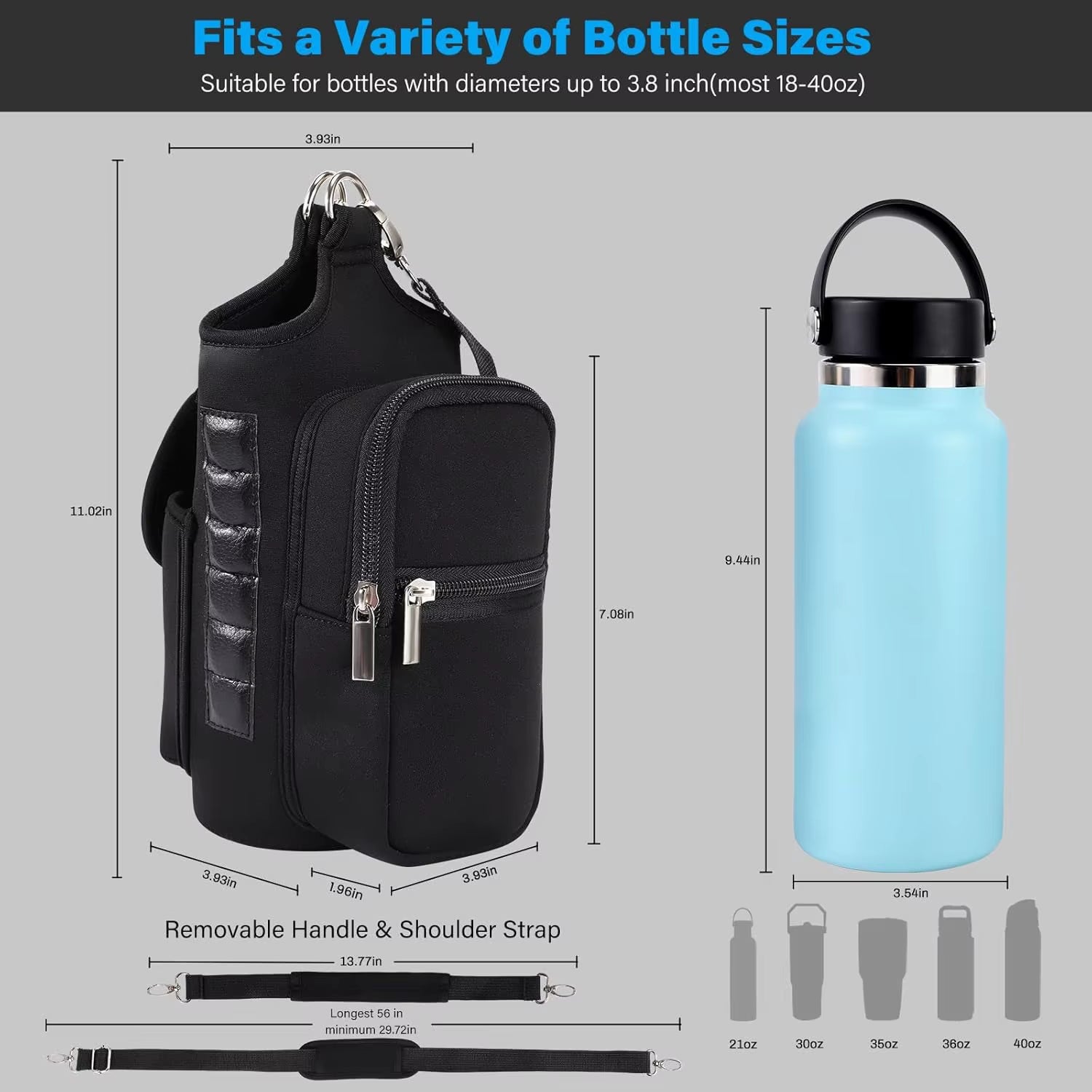 Magnetic Gym Bag Water Bottle Carrier Holder with Phone Pockets & Shoulder Strap,5 Built-In Magnets Gym Bottle Pouch Sleeve
