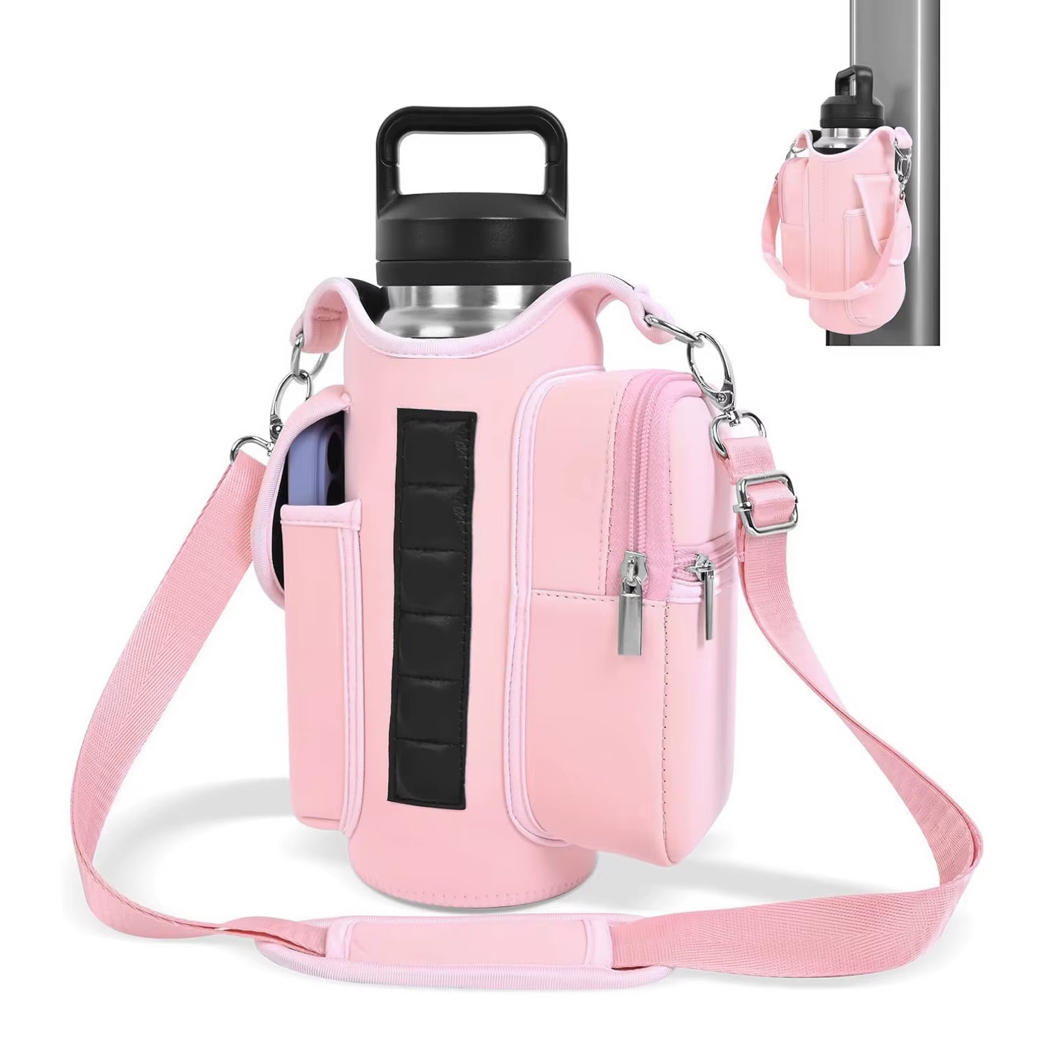 Magnetic Gym Bag Water Bottle Carrier Holder with Phone Pockets & Shoulder Strap,5 Built-In Magnets Gym Bottle Pouch Sleeve