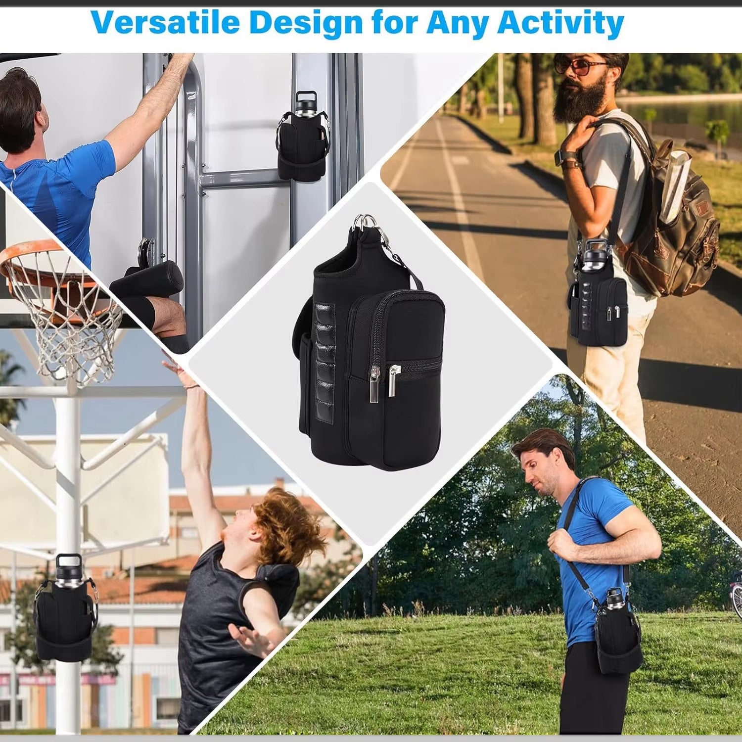 Magnetic Gym Bag Water Bottle Carrier Holder with Phone Pockets & Shoulder Strap,5 Built-In Magnets Gym Bottle Pouch Sleeve